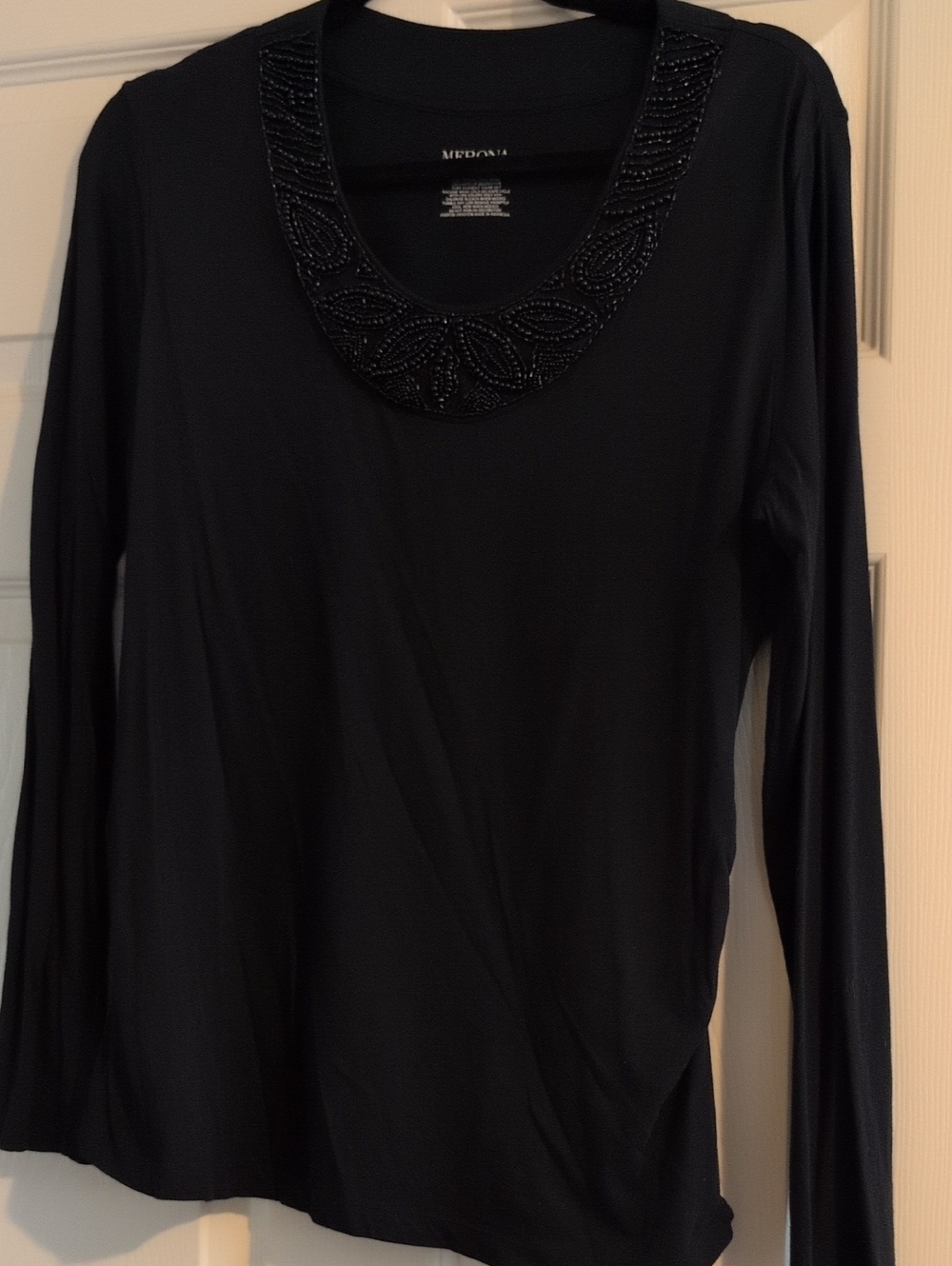 Merona Black Long-Sleeve Top with Beaded Scoop Neckline